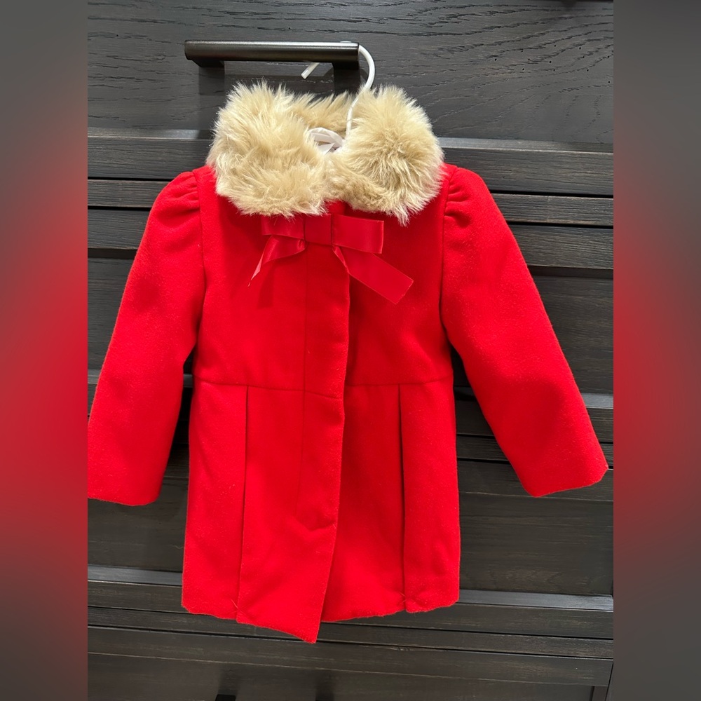 NWT Janie and Jack Red Pea Coat with Faux Fur Collar